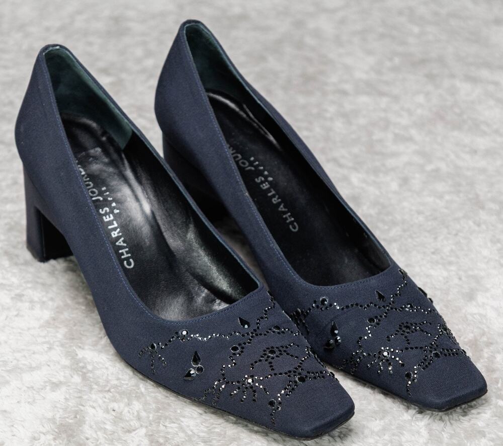 Charles Jourdan Vintage Navy Beaded Embellished Square Toe Pumps Womens Size 8